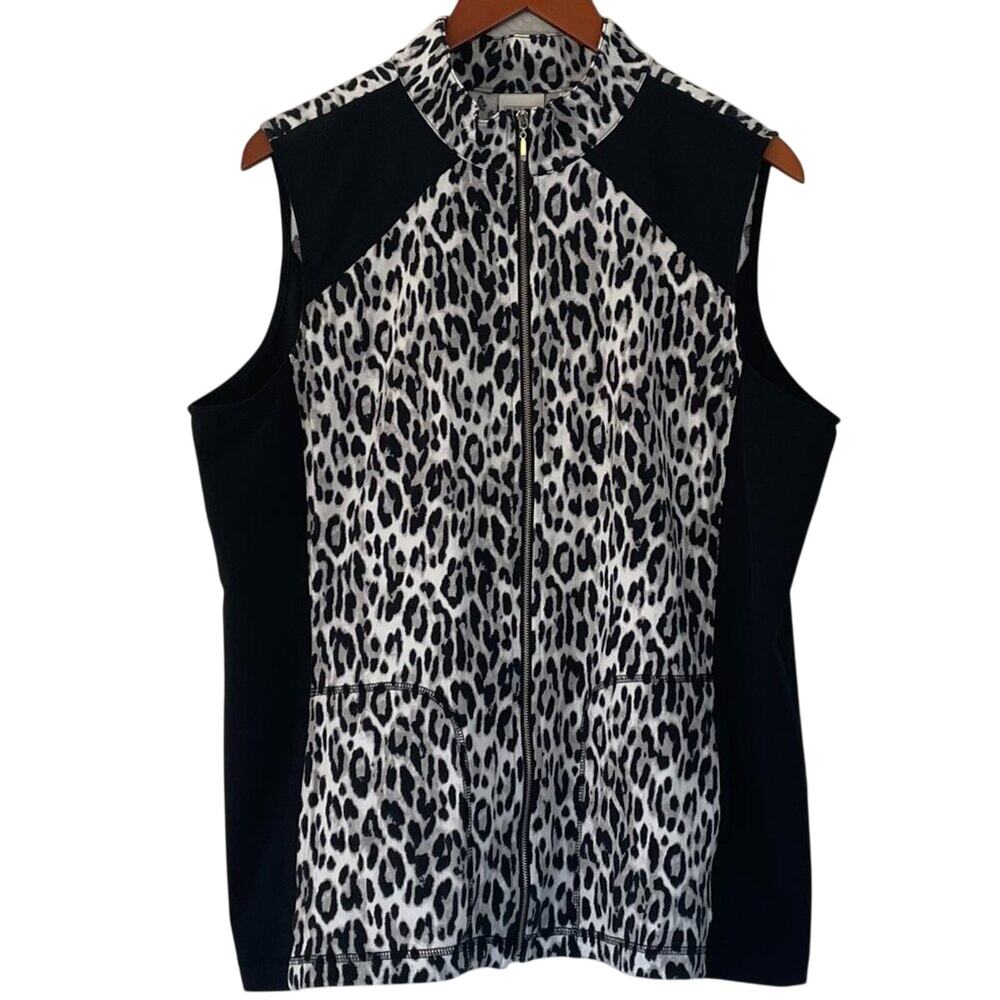 Chico's Weekend Lightweight Animal Print Black White Zip Up Vest, Athleisure, L